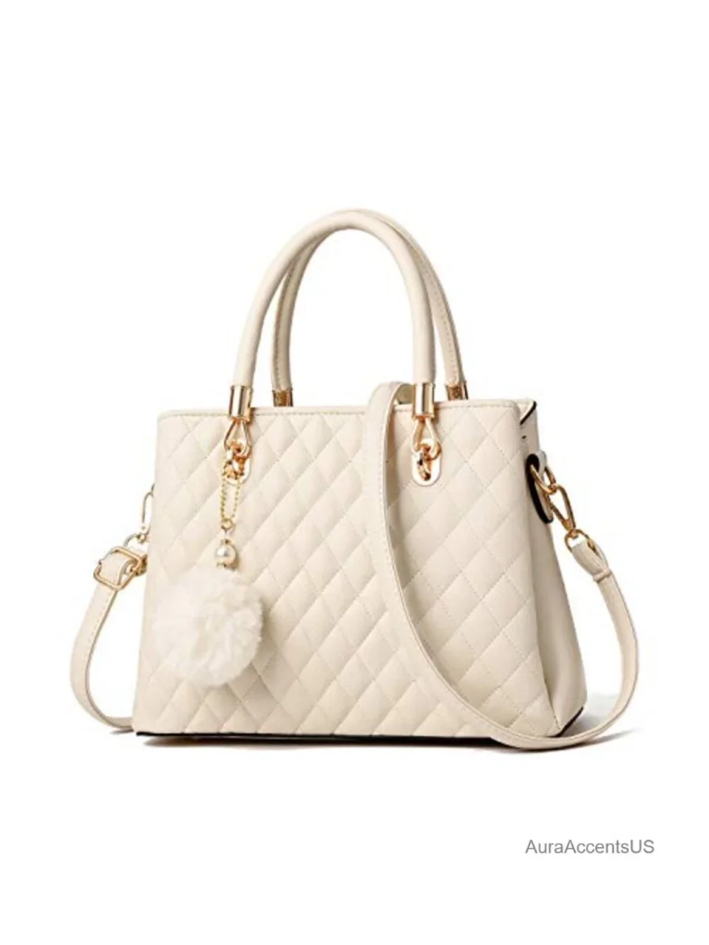 PU Leather Satchel Handbag with Pom Pom - Tote Shoulder Bag for Women